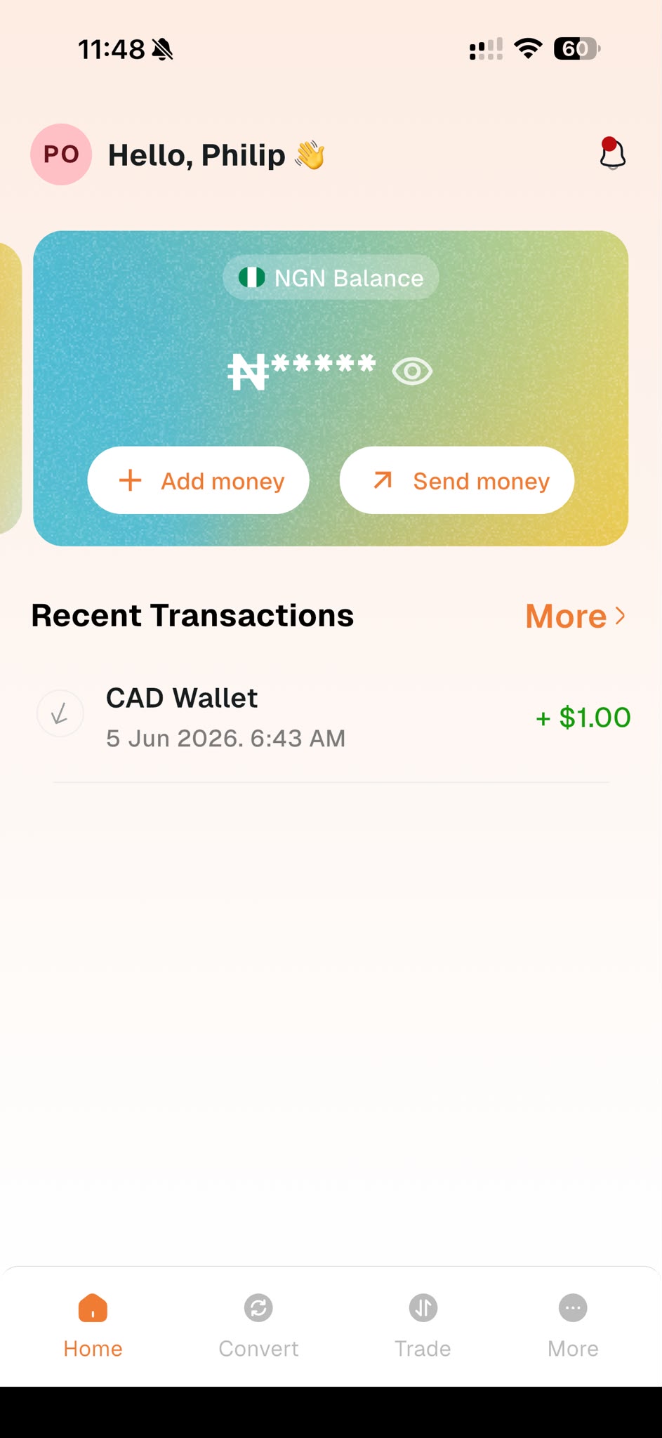 Bongo Payments NGN wallet screen